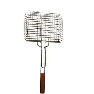 BBQ Grill Basket Barbecue Meat Fish Vegetable Holder 12 x 26 Wood Handle